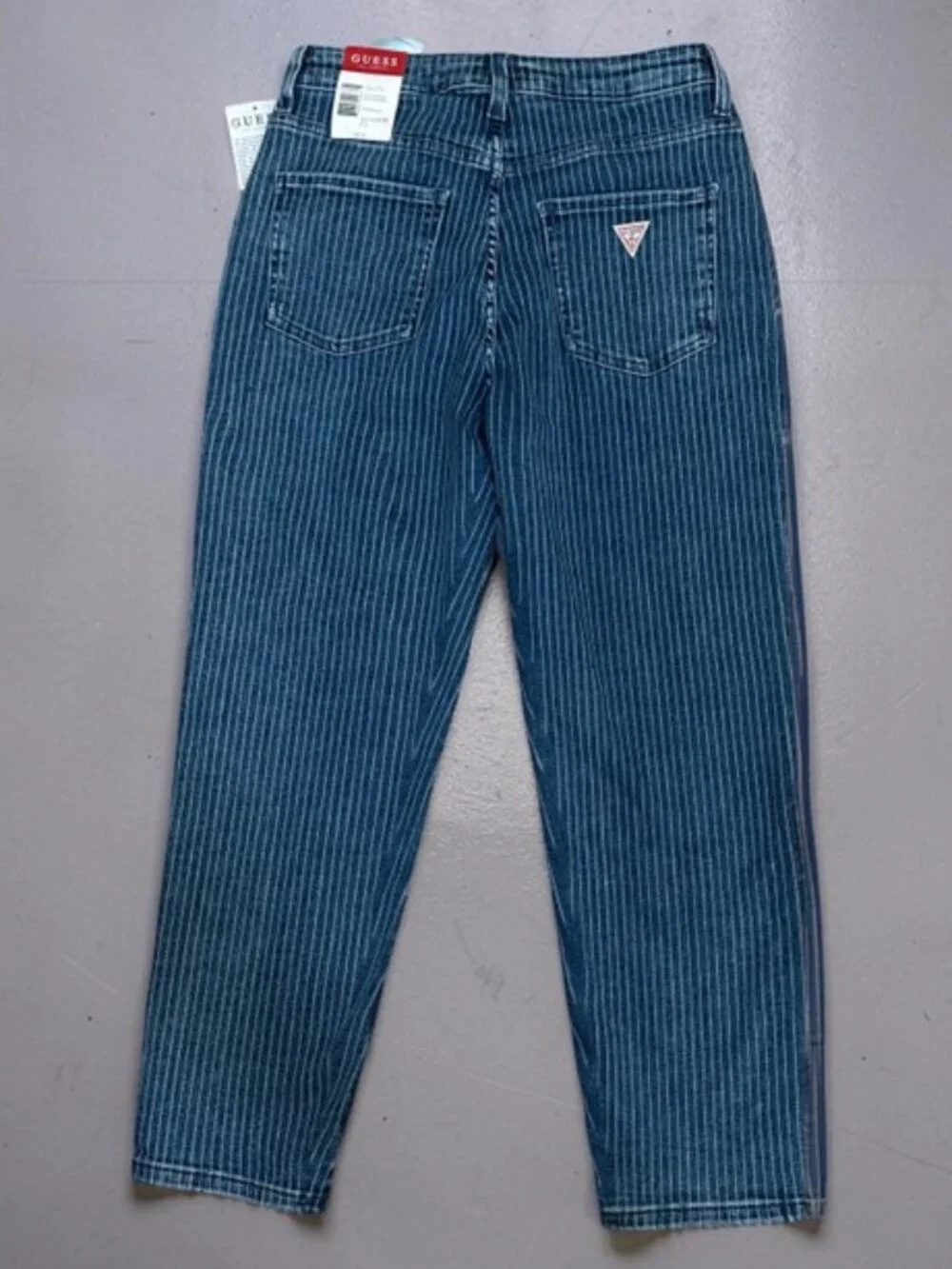 NWT GUESS Lena High-Rise Mom Jeans Blue Pinstripe - Super Stretchy! Size 28